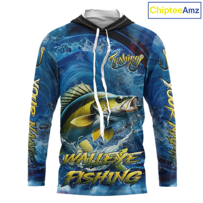 Blue Camo Walleye Fishing Custom Performance Long Sleeve Hooded Fishing Shirts Walleye Fishing Team Shirts NBT1039