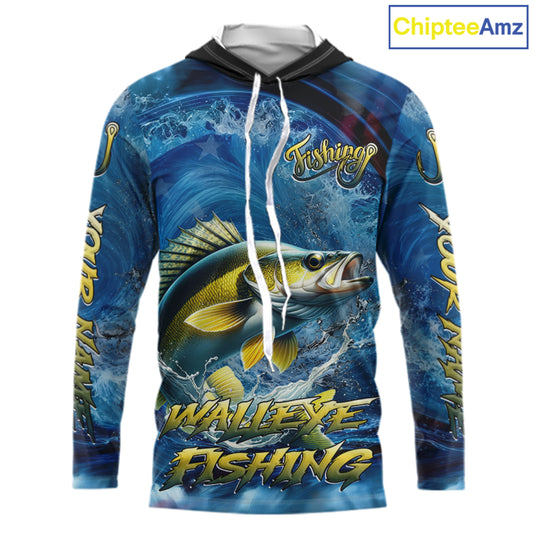 Blue Camo Walleye Fishing Custom Performance Long Sleeve Hooded Fishing Shirts Walleye Fishing Team Shirts NBT1039