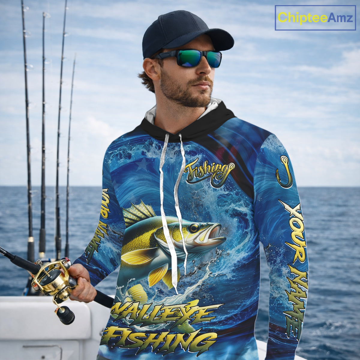 Blue Camo Walleye Fishing Custom Performance Long Sleeve Hooded Fishing Shirts Walleye Fishing Team Shirts NBT1039