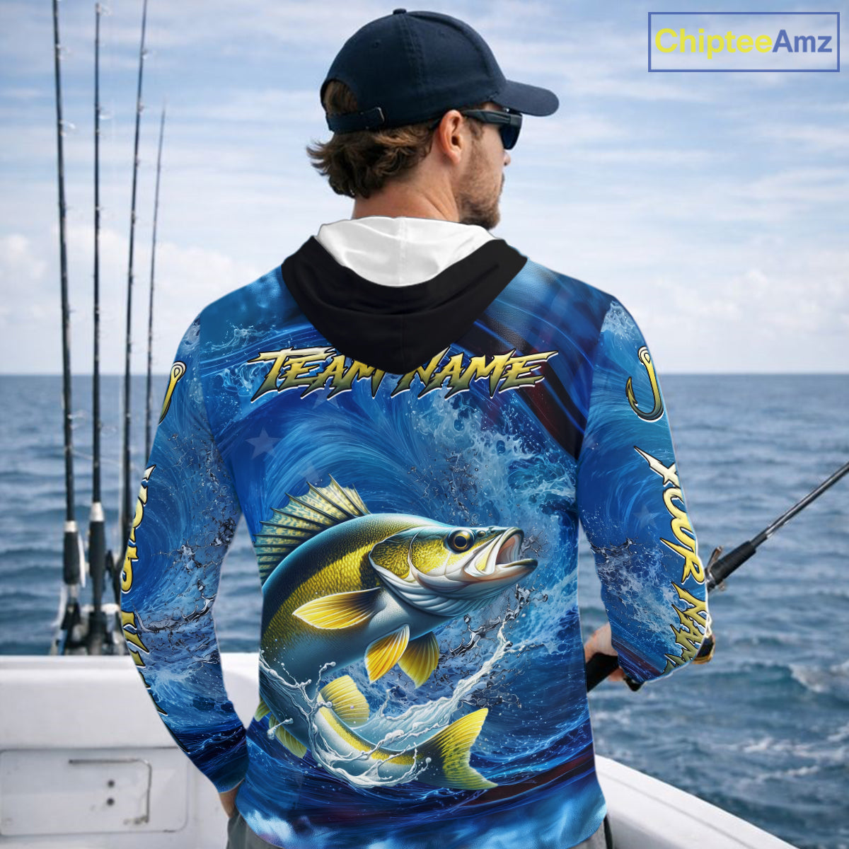Blue Camo Walleye Fishing Custom Performance Long Sleeve Hooded Fishing Shirts Walleye Fishing Team Shirts NBT1039