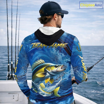 Blue Camo Walleye Fishing Custom Performance Long Sleeve Hooded Fishing Shirts Walleye Fishing Team Shirts NBT1039