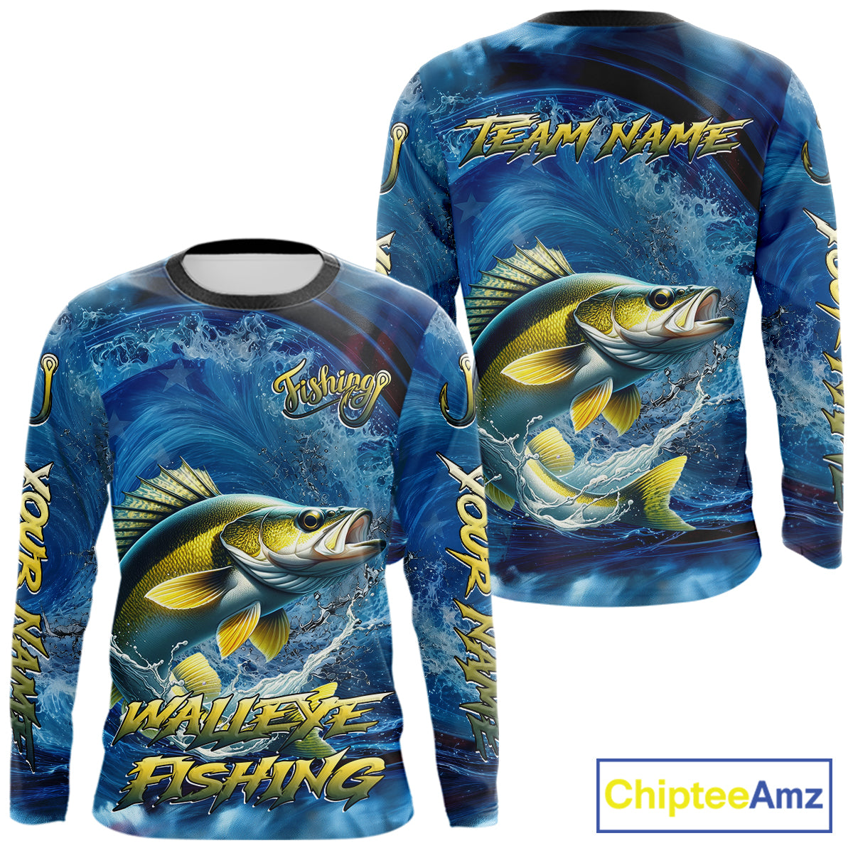 Blue Camo Walleye Fishing Custom Performance Long Sleeve Fishing Shirts Walleye Fishing Team Shirts NBT1039