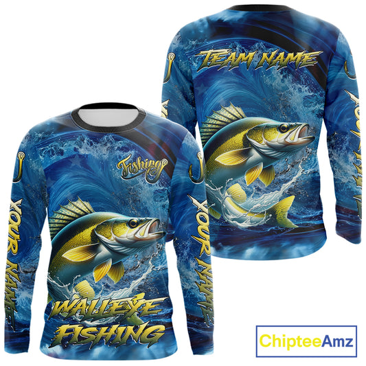 Blue Camo Walleye Fishing Custom Performance Long Sleeve Fishing Shirts Walleye Fishing Team Shirts NBT1039