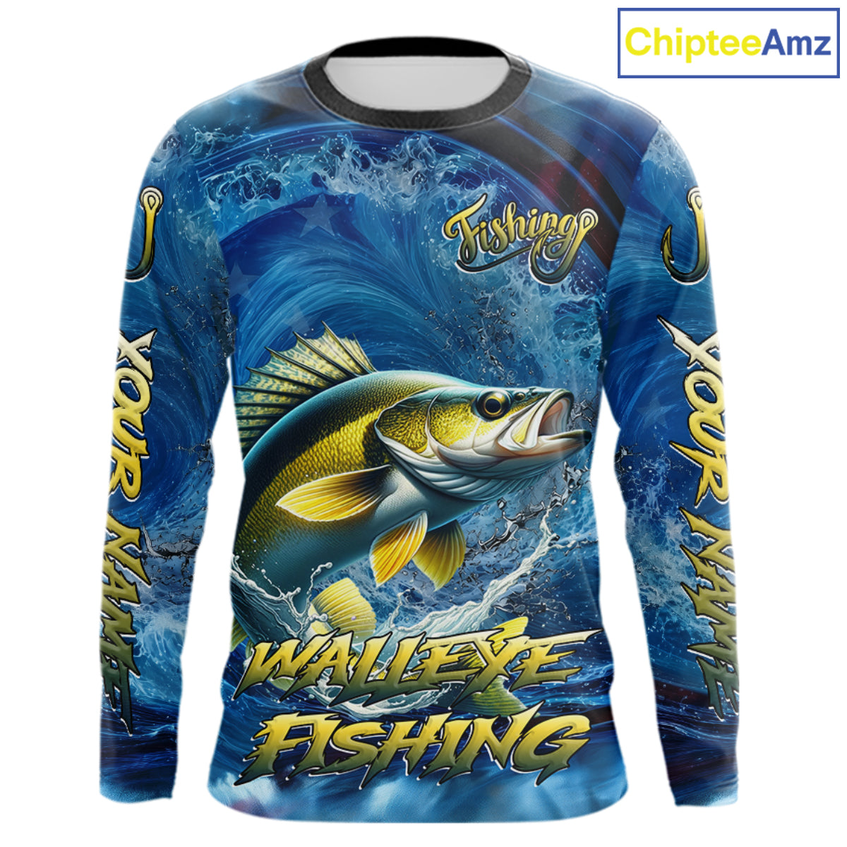 Blue Camo Walleye Fishing Custom Performance Long Sleeve Fishing Shirts Walleye Fishing Team Shirts NBT1039
