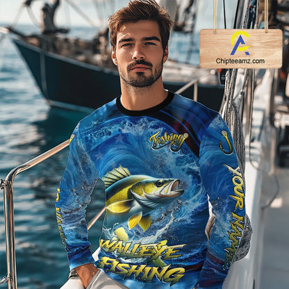 Blue Camo Walleye Fishing Custom Performance Long Sleeve Fishing Shirts Walleye Fishing Team Shirts NBT1039