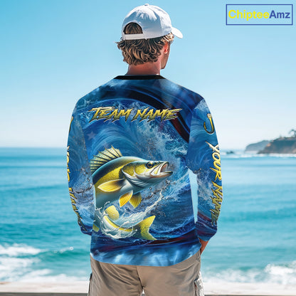 Blue Camo Walleye Fishing Custom Performance Long Sleeve Fishing Shirts Walleye Fishing Team Shirts NBT1039