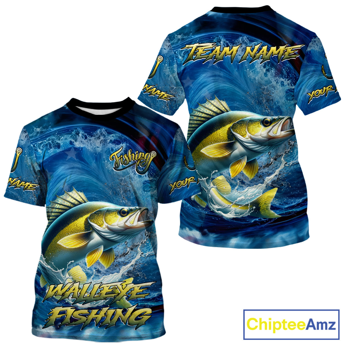 Blue Camo Walleye Fishing Custom Performance Fishing T-Shirts Walleye Fishing Team Shirts NBT1039