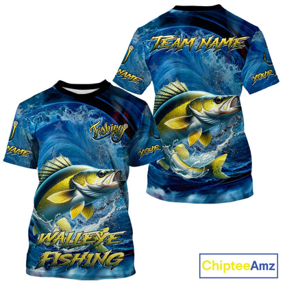 Blue Camo Walleye Fishing Custom Performance Fishing T-Shirts Walleye Fishing Team Shirts NBT1039