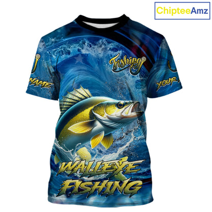 Blue Camo Walleye Fishing Custom Performance Fishing T-Shirts Walleye Fishing Team Shirts NBT1039