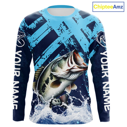 Bass Fishing Blue Camo Long Sleeve Fishing Shirts UV Protection, Bass Fishing Jerseys NBT460