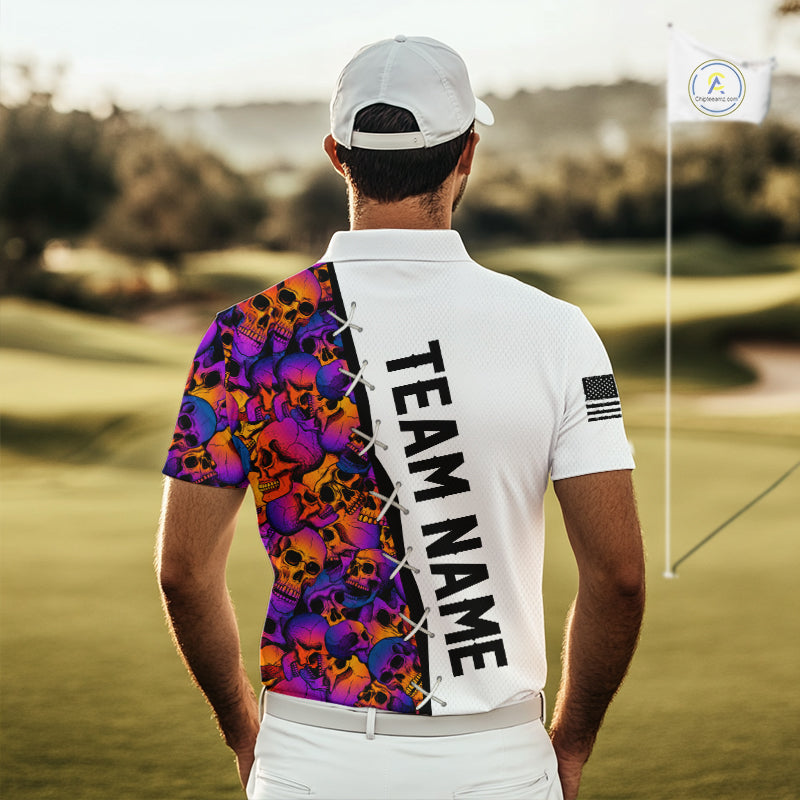 Man wearing Colorful Skull American Flag Mens Polo Shirt with custom team name on the back