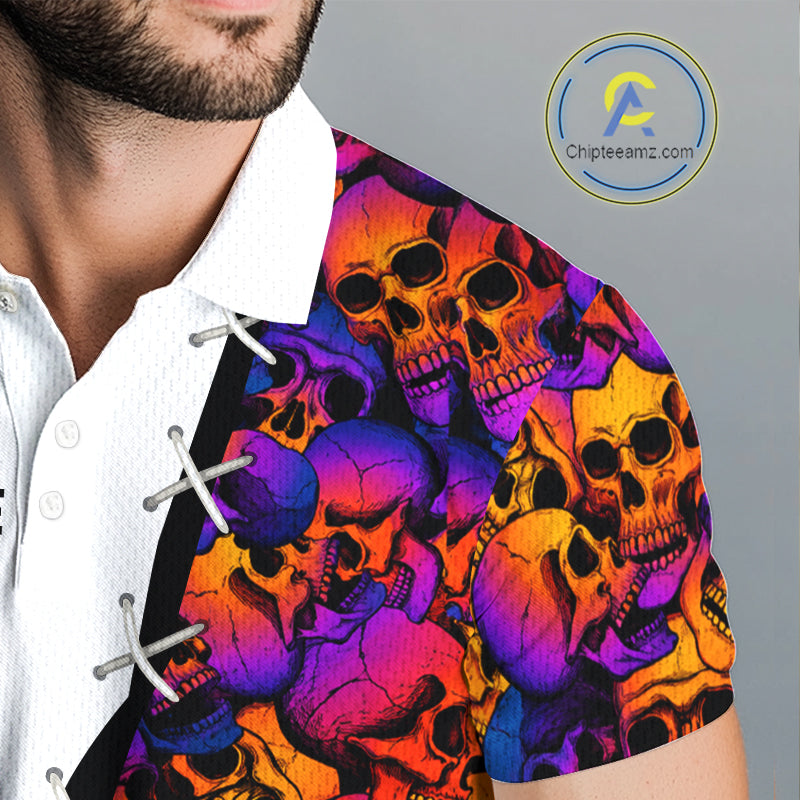 Colorful Skull American Flag Mens Polo Shirt Detail View Skull American Flag