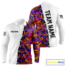 Load image into Gallery viewer, Colorful Skull American Flag Mens Long Sleeve Polo Shirt Front and Back View Custom Name, Custom Team Name