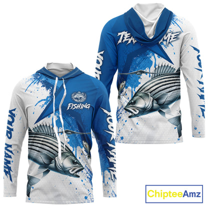 Personalized Striped Bass Long Sleeve Hooded Performance Fishing Shirts, Striper Team Fishing Jerseys NBT1045