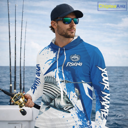 Personalized Striped Bass Long Sleeve Hooded Performance Fishing Shirts, Striper Team Fishing Jerseys NBT1045