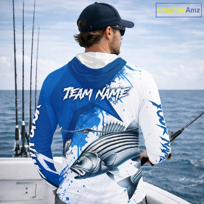 Personalized Striped Bass Long Sleeve Hooded Performance Fishing Shirts, Striper Team Fishing Jerseys NBT1045