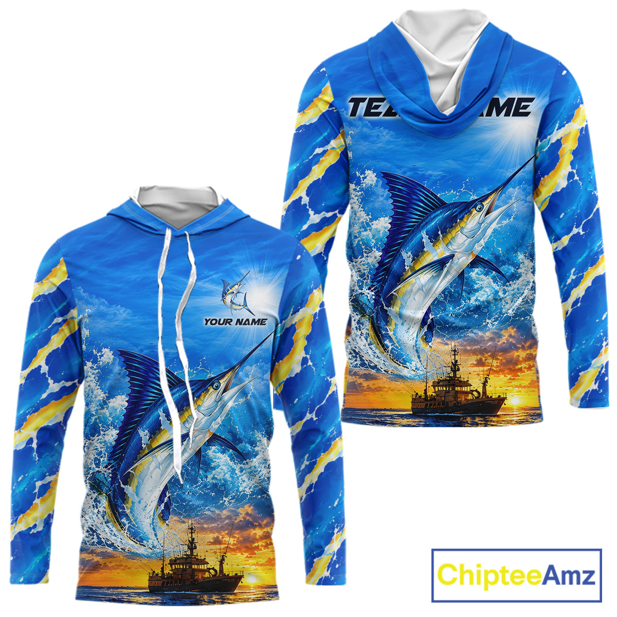 Blue Marlin Fish Scales Custom Saltwater Fishing Shirts, Marlin Long Sleeve Hooded Fishing Jerseys For Team NBT1145