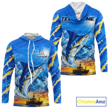 Blue Marlin Fish Scales Custom Saltwater Fishing Shirts, Marlin Long Sleeve Hooded Fishing Jerseys For Team NBT1145