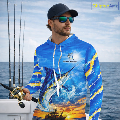 Blue Marlin Fish Scales Custom Saltwater Fishing Shirts, Marlin Long Sleeve Hooded Fishing Jerseys For Team NBT1145