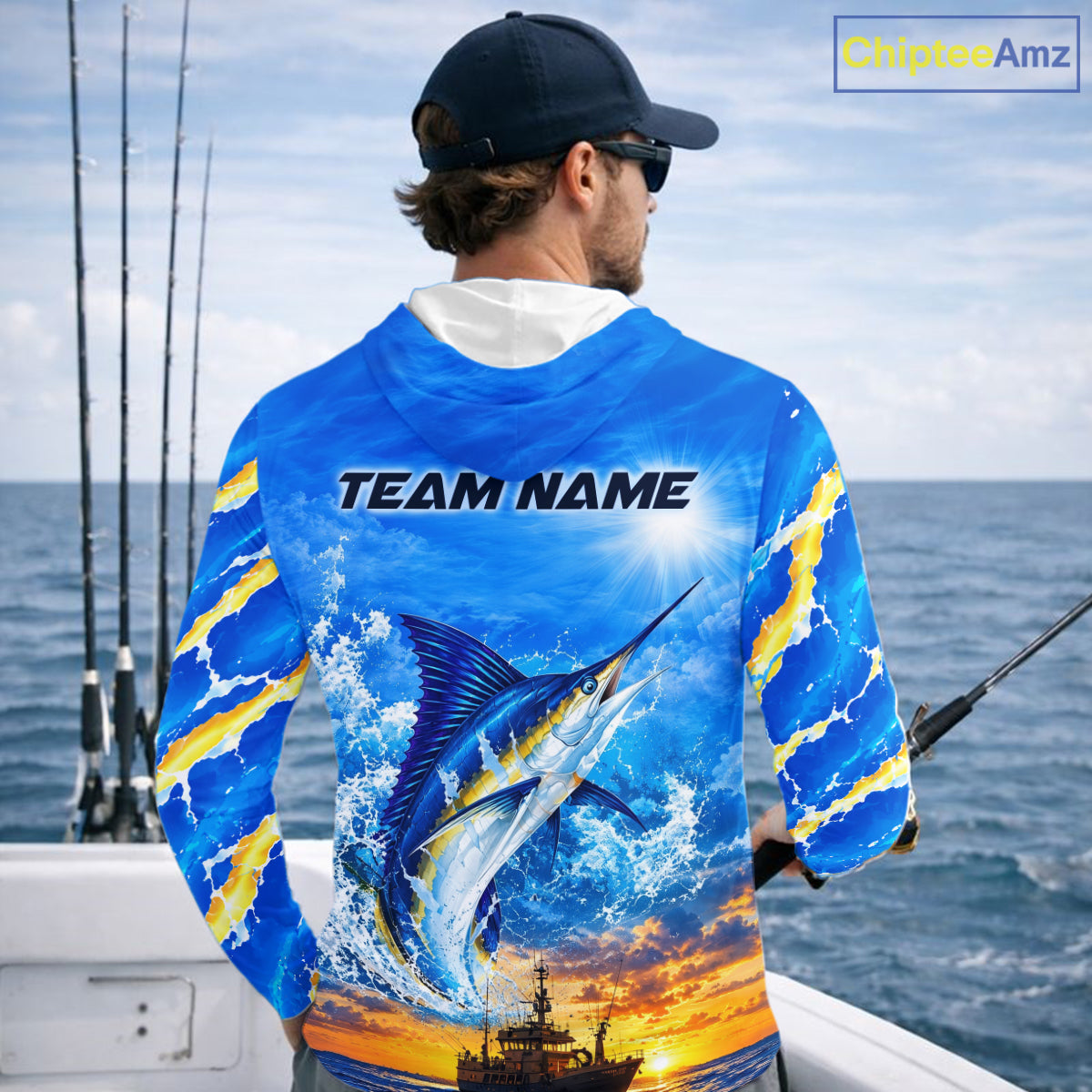 Blue Marlin Fish Scales Custom Saltwater Fishing Shirts, Marlin Long Sleeve Hooded Fishing Jerseys For Team NBT1145