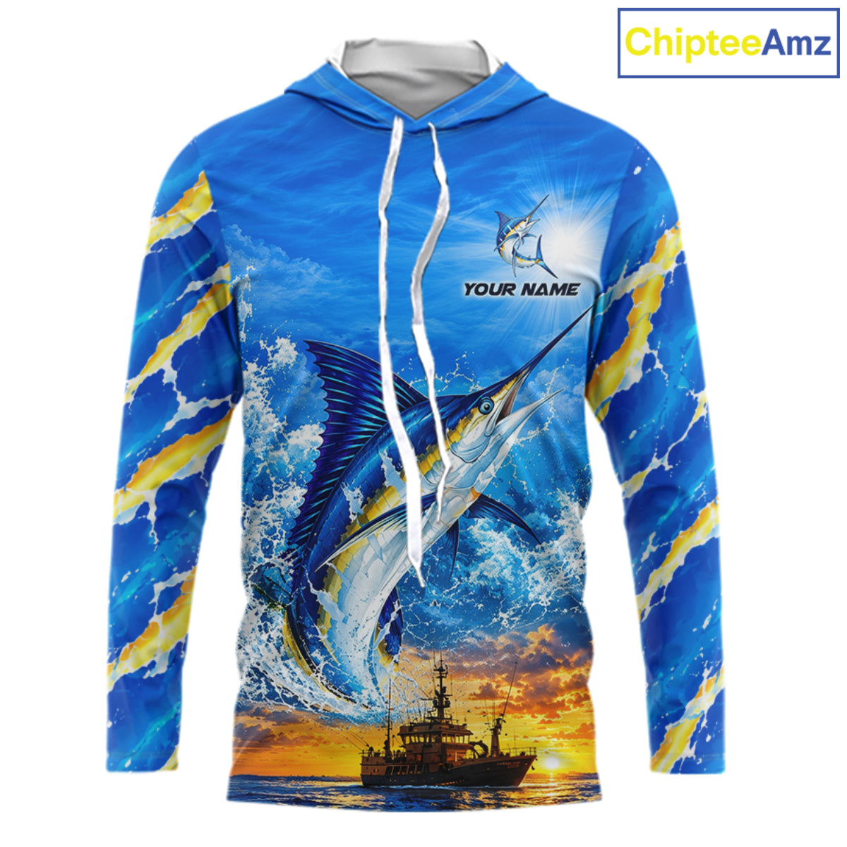 Blue Marlin Fish Scales Custom Saltwater Fishing Shirts, Marlin Long Sleeve Hooded Fishing Jerseys For Team NBT1145