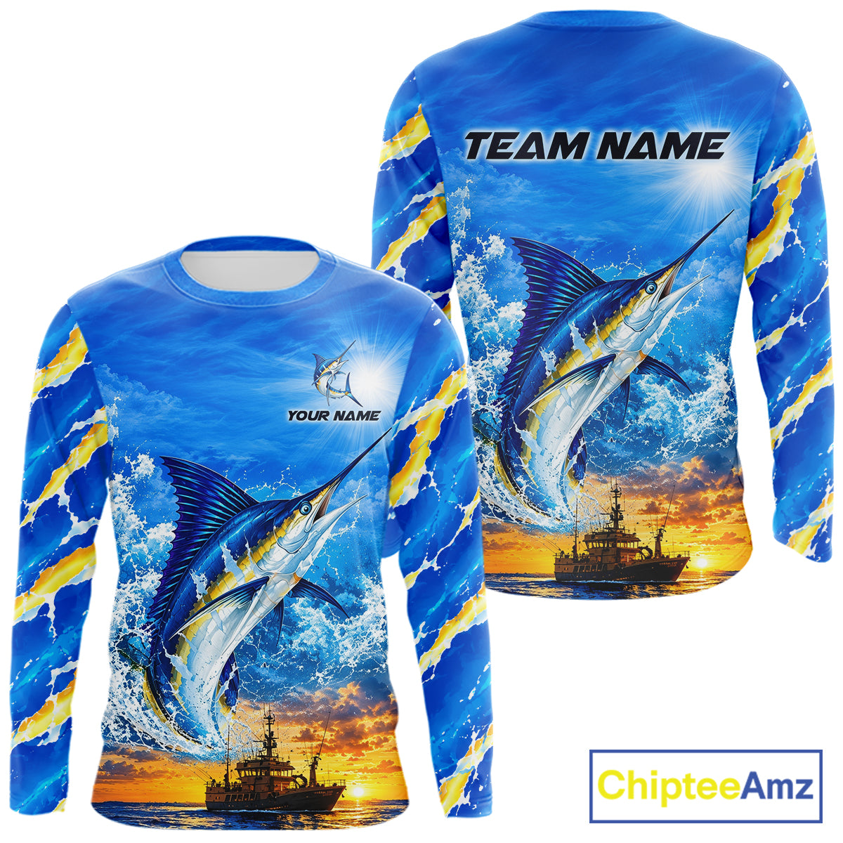 Blue Marlin Fish Scales Custom Saltwater Fishing Shirts, Marlin Long Sleeve Fishing Jerseys For Team NBT1145