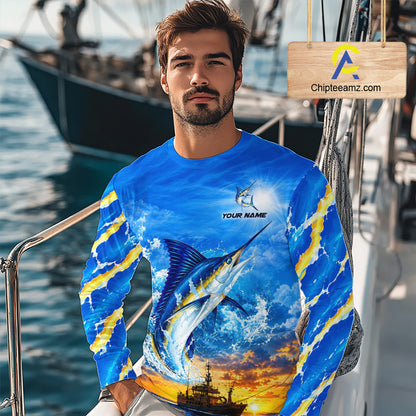 Blue Marlin Fish Scales Custom Saltwater Fishing Shirts, Marlin Long Sleeve Fishing Jerseys For Team NBT1145