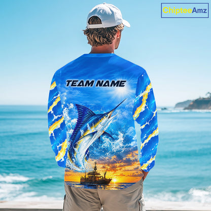 Blue Marlin Fish Scales Custom Saltwater Fishing Shirts, Marlin Long Sleeve Fishing Jerseys For Team NBT1145
