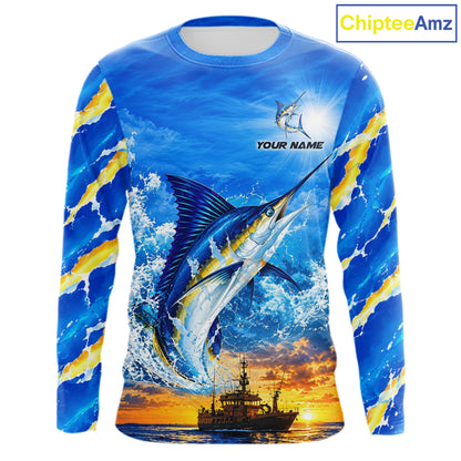 Blue Marlin Fish Scales Custom Saltwater Fishing Shirts, Marlin Long Sleeve Fishing Jerseys For Team NBT1145