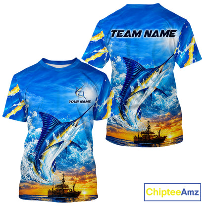 Blue Marlin Fish Scales Custom Saltwater Fishing T-Shirts, Marlin Fishing Jerseys For Team NBT1145