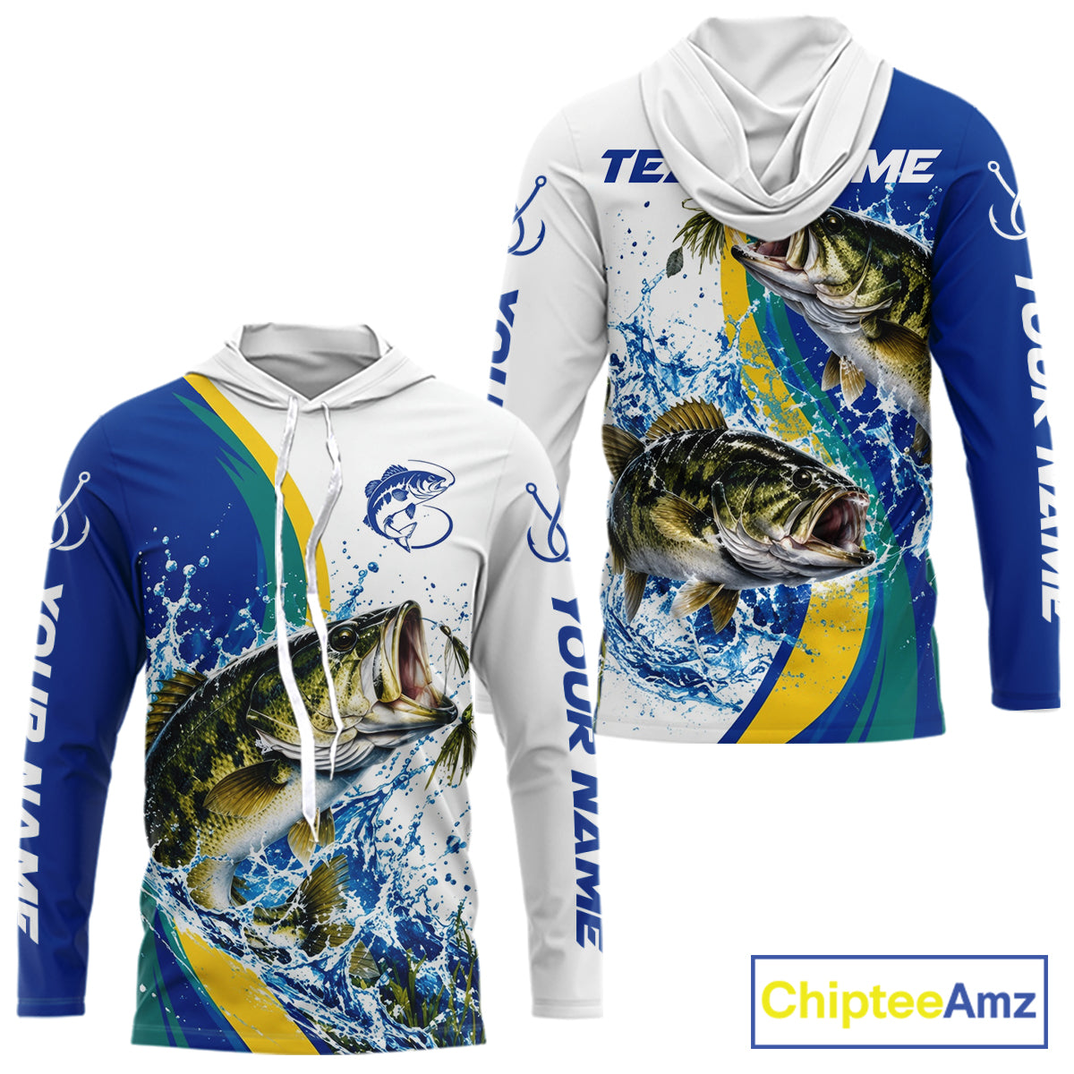 Largemouth Bass Fishing Blue Camo Custom Name Long Sleeves Hooded Fishing Shirts, Bass Fishing Jersey NBT1146