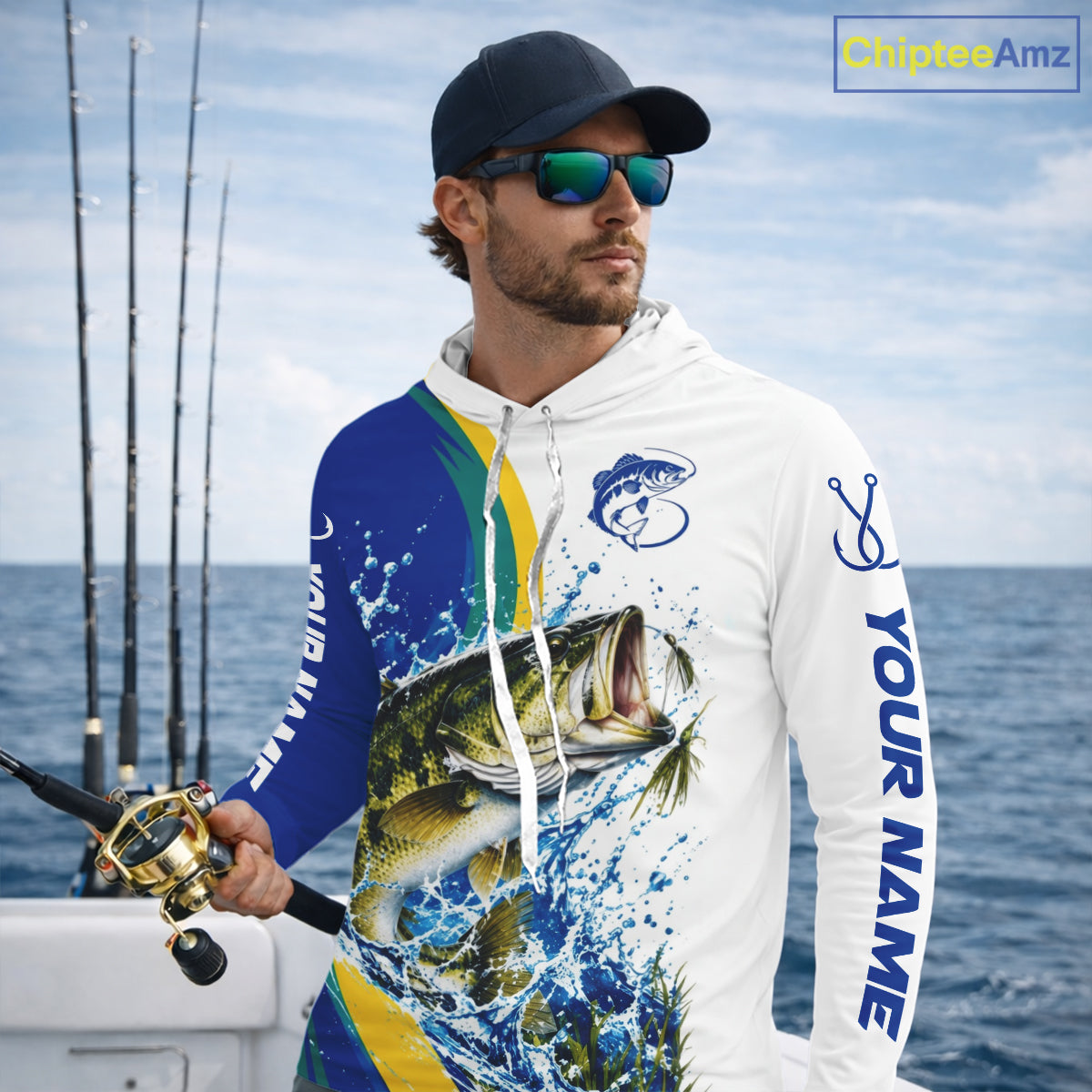 Largemouth Bass Fishing Blue Camo Custom Name Long Sleeves Hooded Fishing Shirts, Bass Fishing Jersey NBT1146