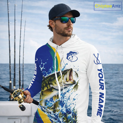 Largemouth Bass Fishing Blue Camo Custom Name Long Sleeves Hooded Fishing Shirts, Bass Fishing Jersey NBT1146