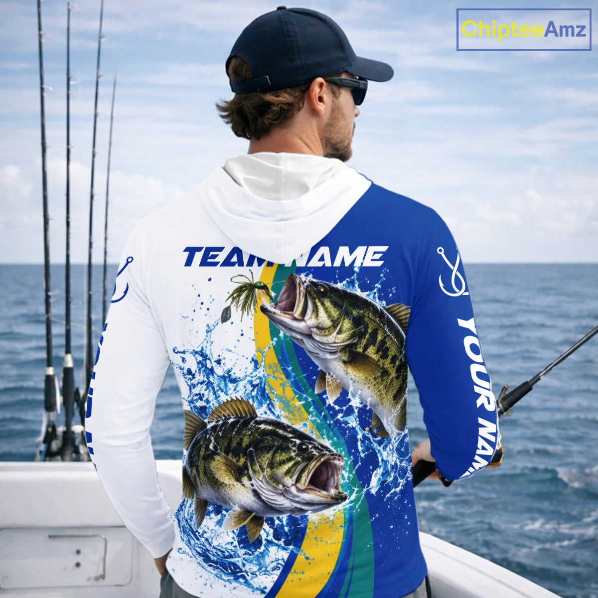 Largemouth Bass Fishing Blue Camo Custom Name Long Sleeves Hooded Fishing Shirts, Bass Fishing Jersey NBT1146