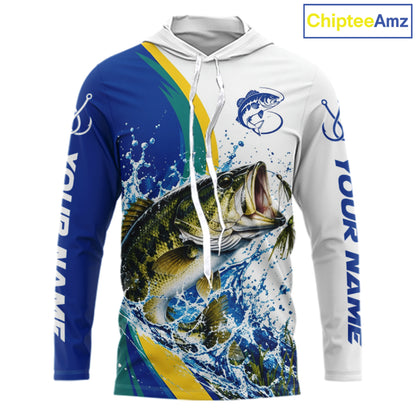 Largemouth Bass Fishing Blue Camo Custom Name Long Sleeves Hooded Fishing Shirts, Bass Fishing Jersey NBT1146