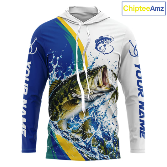 Largemouth Bass Fishing Blue Camo Custom Name Long Sleeves Hooded Fishing Shirts, Bass Fishing Jersey NBT1146