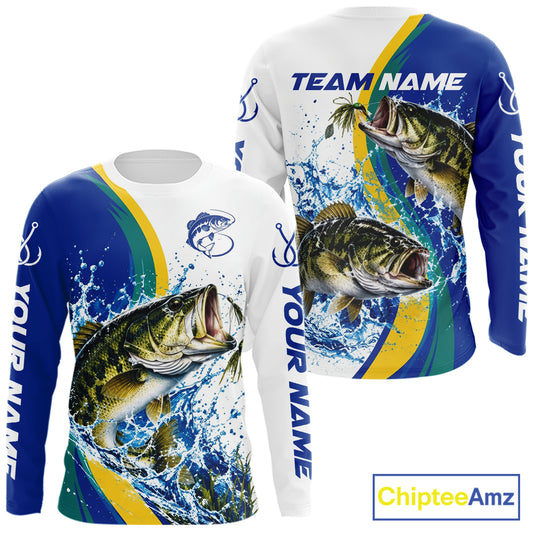 Largemouth Bass Fishing Blue Camo Custom Name Long Sleeves Fishing Shirts, Bass Fishing Jersey NBT1146