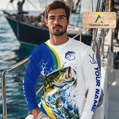Largemouth Bass Fishing Blue Camo Custom Name Long Sleeves Fishing Shirts, Bass Fishing Jersey NBT1146