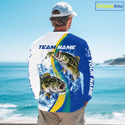 Largemouth Bass Fishing Blue Camo Custom Name Long Sleeves Fishing Shirts, Bass Fishing Jersey NBT1146