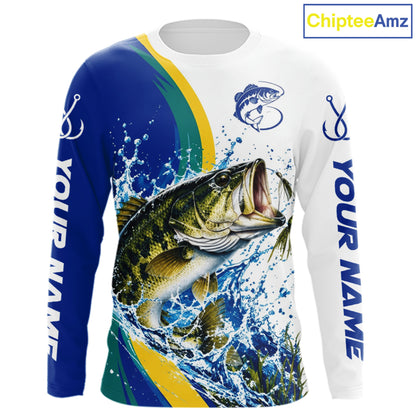 Largemouth Bass Fishing Blue Camo Custom Name Long Sleeves Fishing Shirts, Bass Fishing Jersey NBT1146