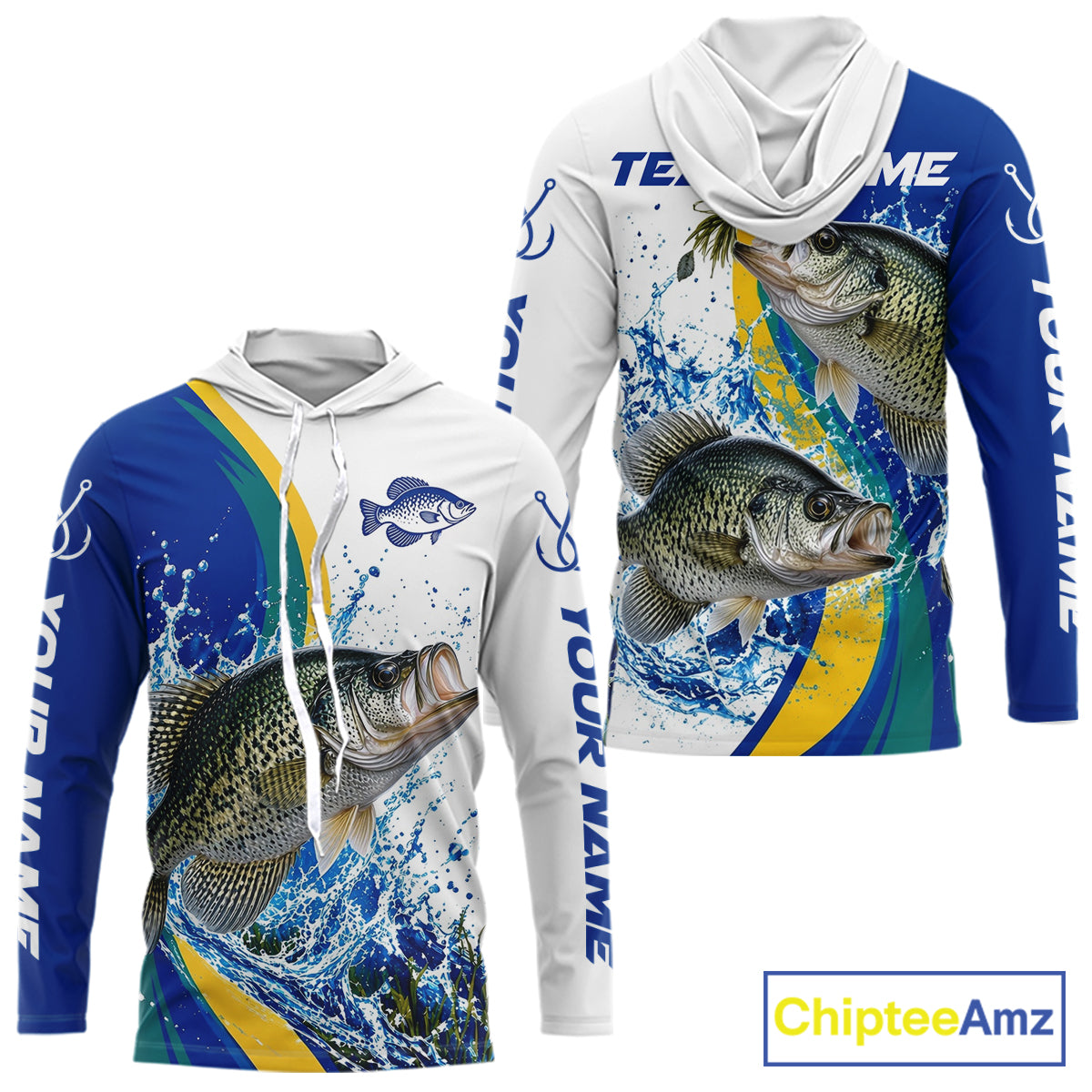 Crappie Fishing Blue Camo Custom Name Long Sleeves Hooded Fishing Shirts, Crappie Fishing Jersey NBT1147