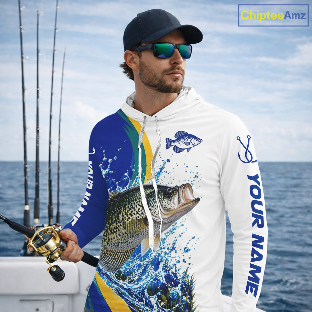 Crappie Fishing Blue Camo Custom Name Long Sleeves Hooded Fishing Shirts, Crappie Fishing Jersey NBT1147