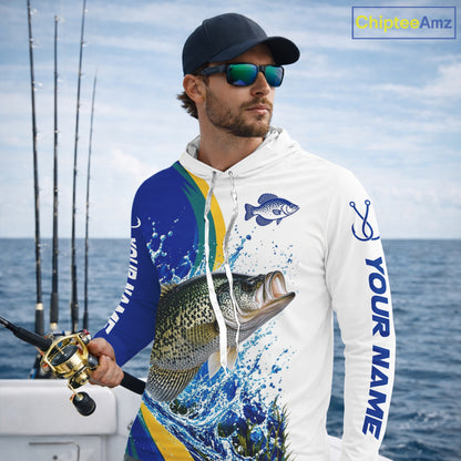 Crappie Fishing Blue Camo Custom Name Long Sleeves Hooded Fishing Shirts, Crappie Fishing Jersey NBT1147