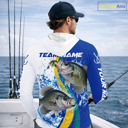 Crappie Fishing Blue Camo Custom Name Long Sleeves Hooded Fishing Shirts, Crappie Fishing Jersey NBT1147