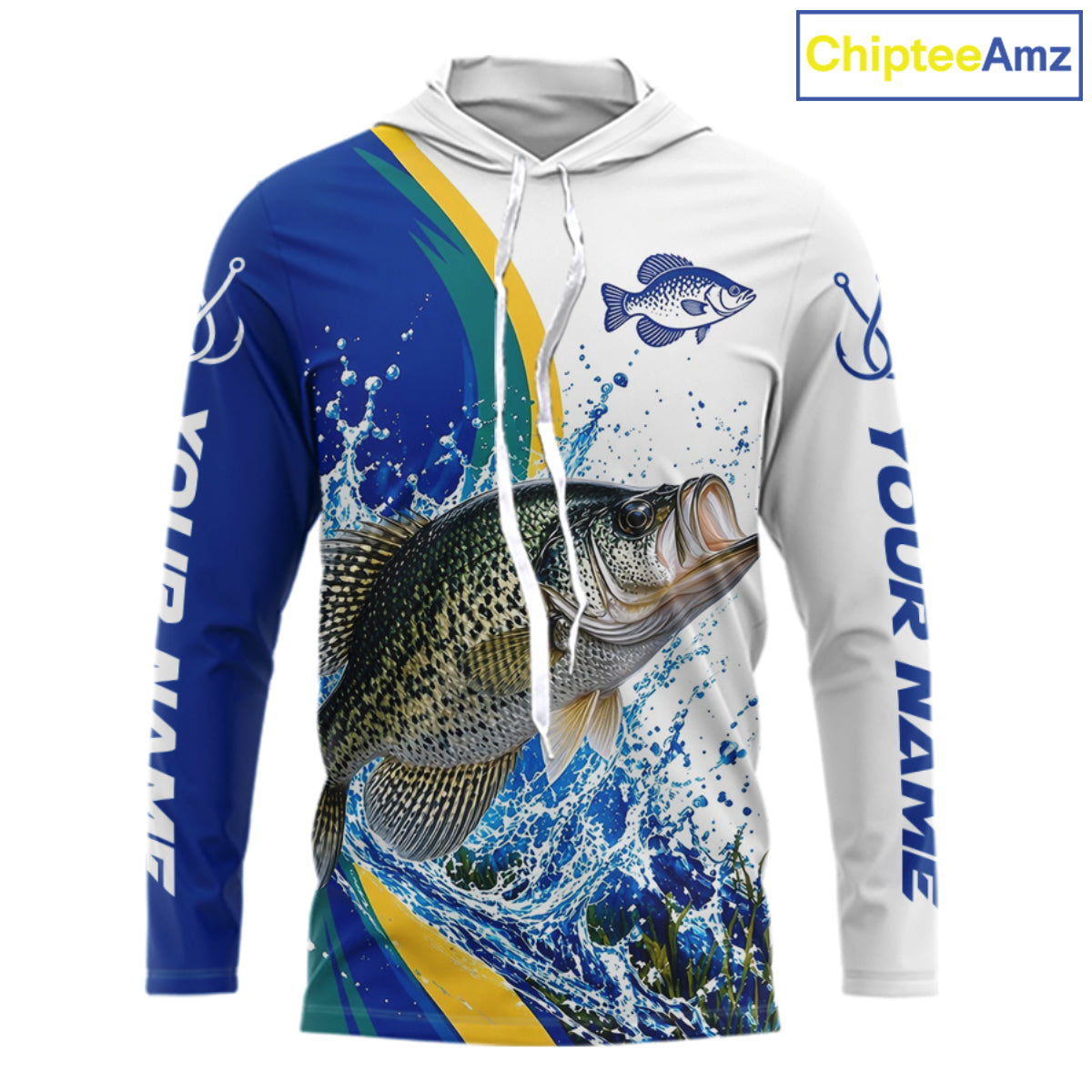 Crappie Fishing Blue Camo Custom Name Long Sleeves Hooded Fishing Shirts, Crappie Fishing Jersey NBT1147
