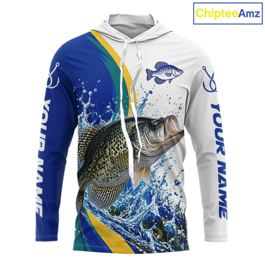 Crappie Fishing Blue Camo Custom Name Long Sleeves Hooded Fishing Shirts, Crappie Fishing Jersey NBT1147