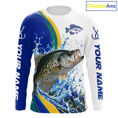 Crappie Fishing Blue Camo Custom Name Long Sleeves Fishing Shirts, Crappie Fishing Jersey NBT1147