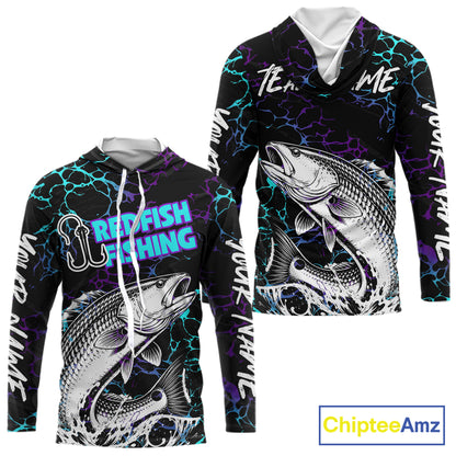 Front and back view of Redfish Fishing neon blue long sleeve hooded saltwater fishing shirt with custom name