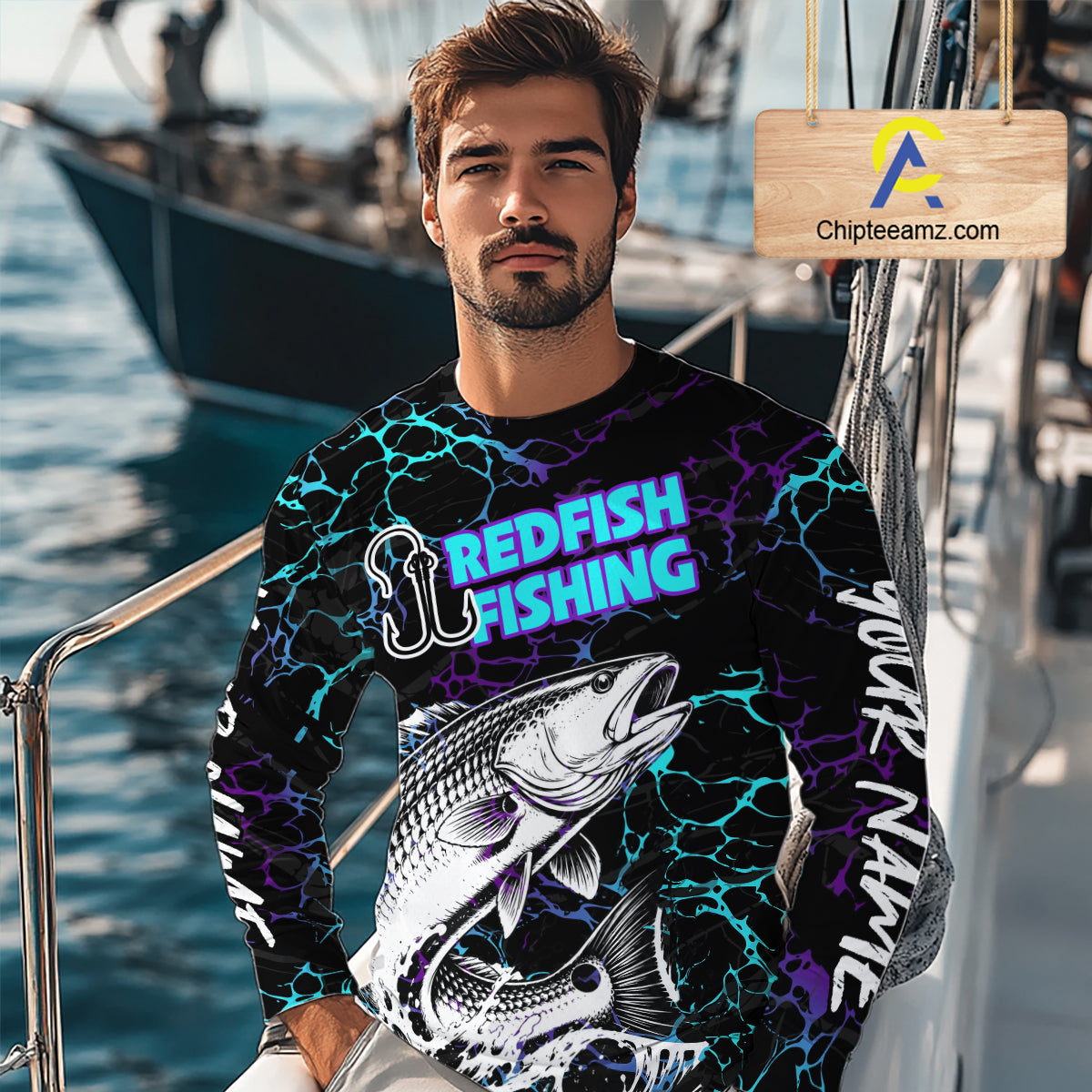 Angler wearing Redfish Fishing neon blue long sleeve saltwater fishing shirt on the boat