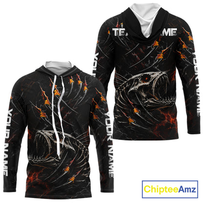 Personalized Fishing Fish Skeleton Fire Flame Hooded Fishing Shirts, Fish Reaper Skull Fishing Shirts NBT972